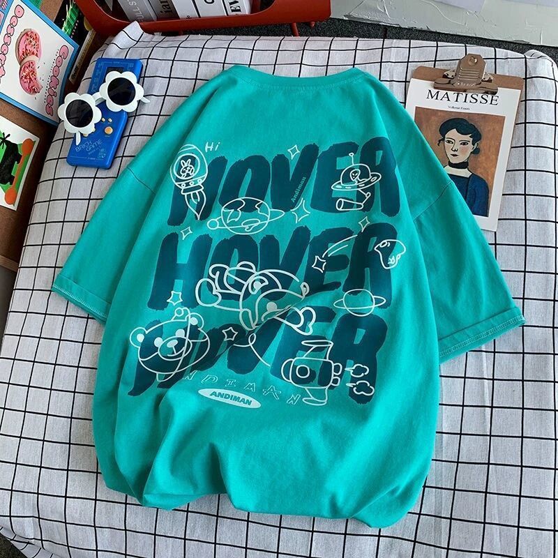 Áo Thun Cotton Tay Ngắn Dáng Rộng In Chữ Thời Trang Mùa Hè Nhật Bản