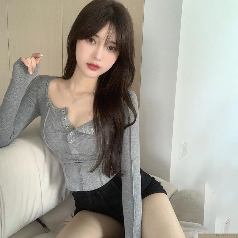 Áo Croptop dệt kim tay dài màu sắc thanh lịch