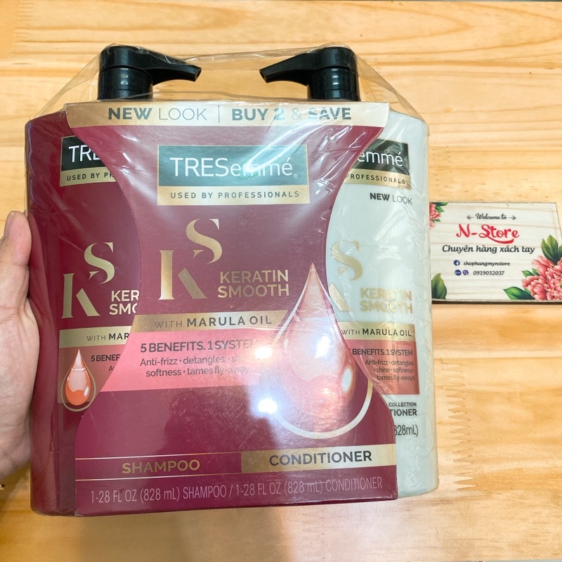 Set Dầu gội xả TRESemme Keratin Smooth Marula Oil Mỹ 828ml x 2 chai