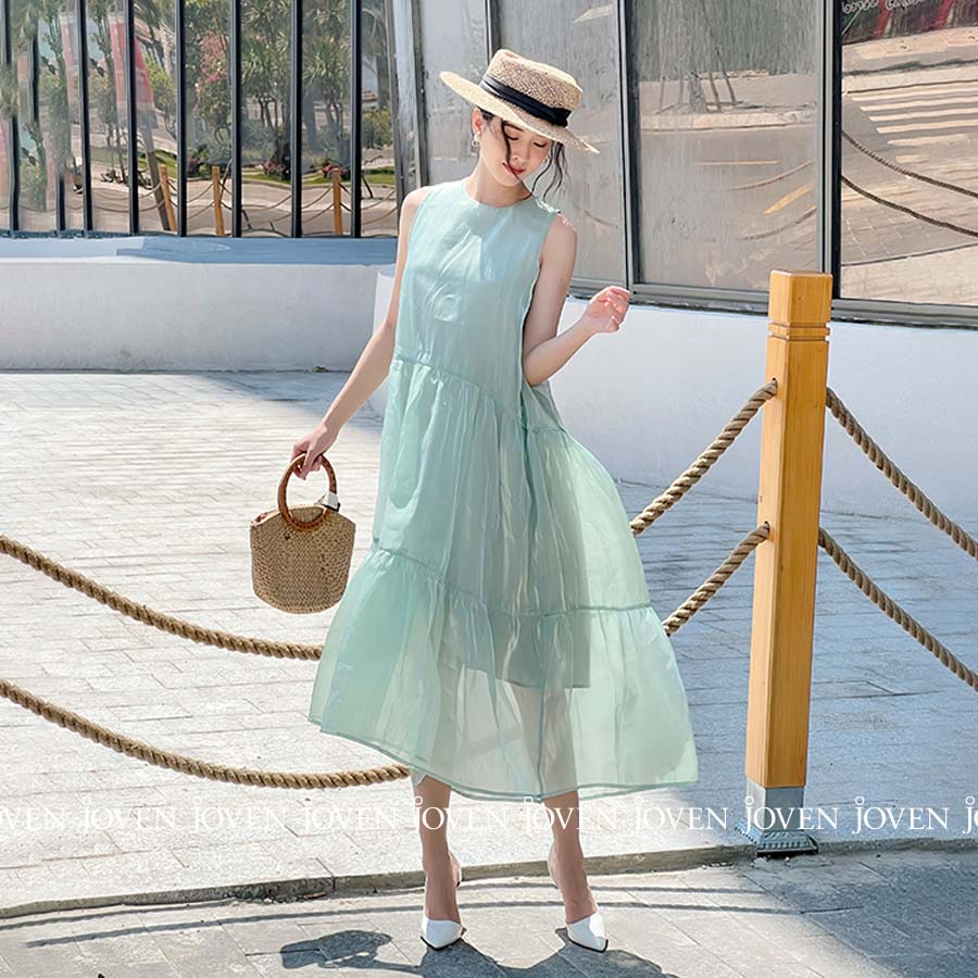 Đầm maxi xanh mint sang chảnh lụa organza cao cấp JOVEN, thiết kế tầng xòe suông dáng dài, đi biển đi cafe dạo phố