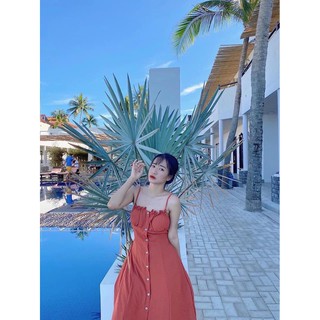 Đầm maxi hở lưng cam gạch