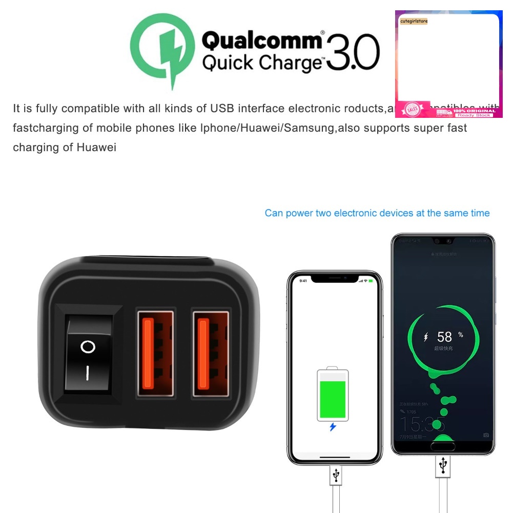 Cốc Sạc Nhanh QC3.0 Hai Cổng USB Có Vôn Kế Cho Xe Máy