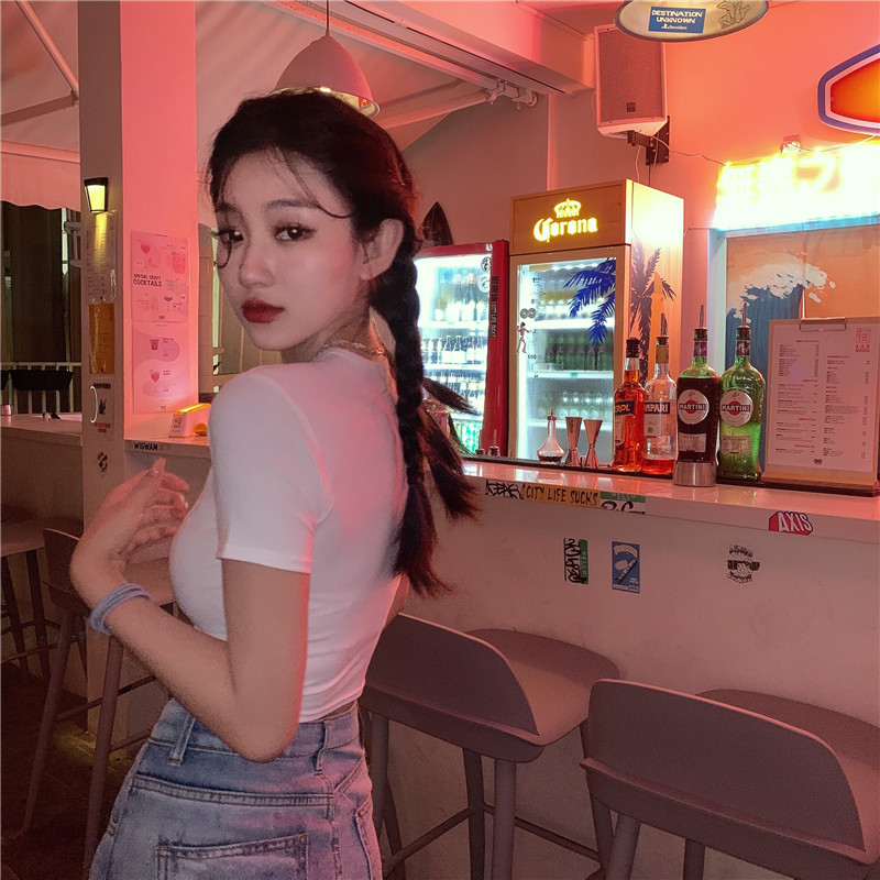 IELGY Áo Thun Nữ Ngắn Tay Cổ Chữ V Hở Eo Thời Trang