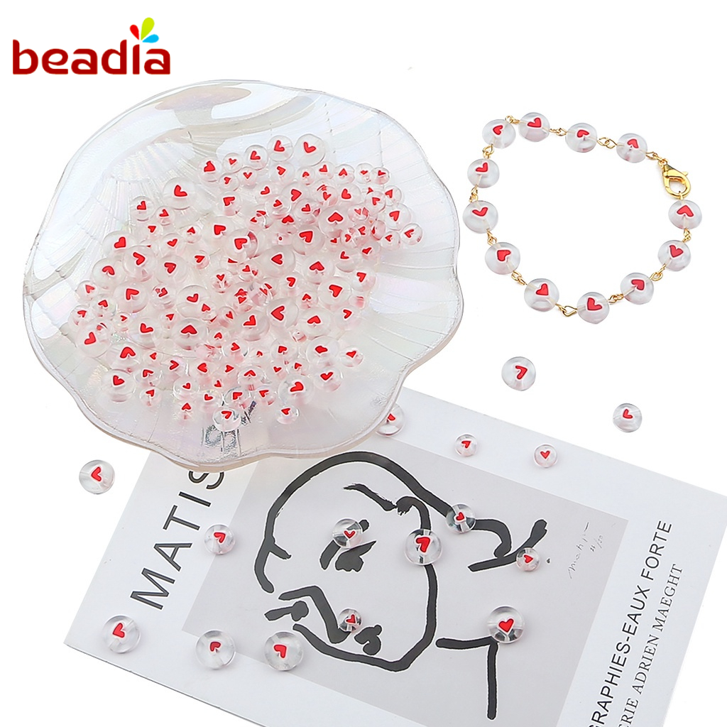 Hạt phẳng Beadia tráng men màu trắng trong suốt họa tiết trái tim đỏ dùng làm trang sức/vòng cổ/phụ kiện tóc DIY