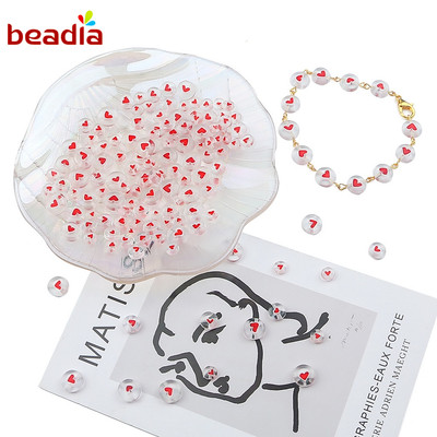Hạt phẳng Beadia tráng men màu trắng trong suốt họa tiết trái tim đỏ dùng làm trang sức/vòng cổ/phụ kiện tóc DIY