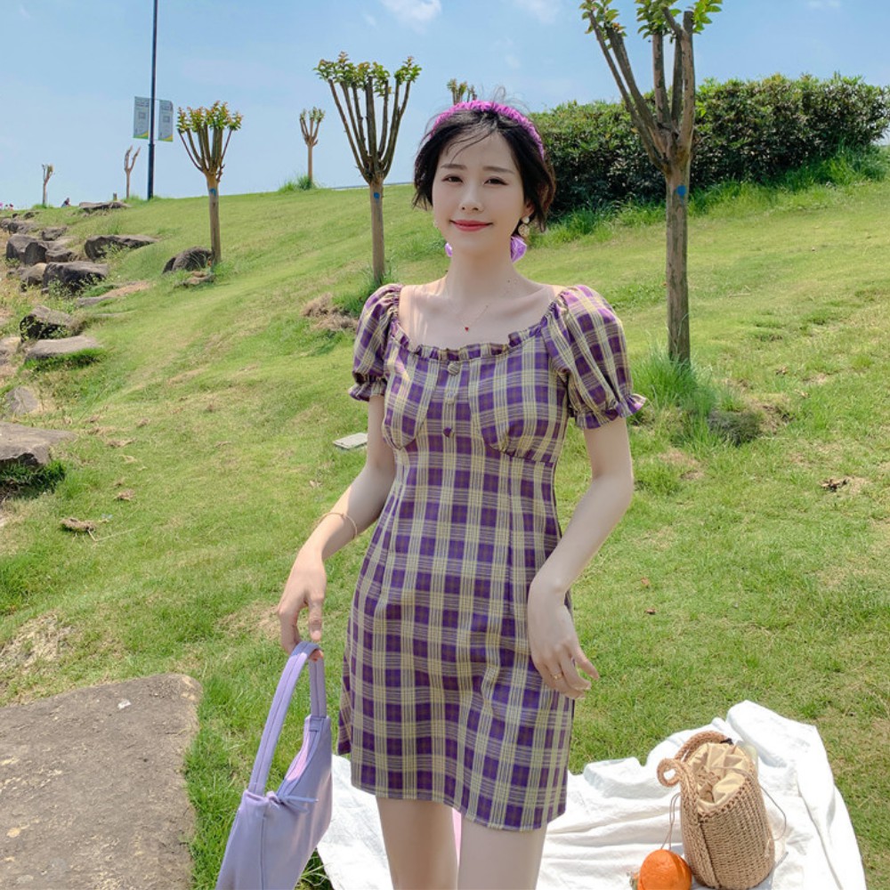 Váy nữ , váy đầm nữ váy kẻ sọc caro dáng ngắn chữ A tay bồng nữ tính ATILA SHOP | BigBuy360 - bigbuy360.vn