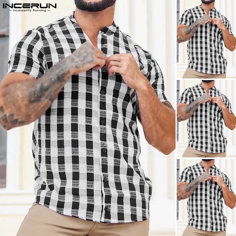 INCERUN Áo Sơ Mi Ngắn Tay Dáng Rộng Họa Tiết Ca Rô Cá Tính Dành Cho Nam