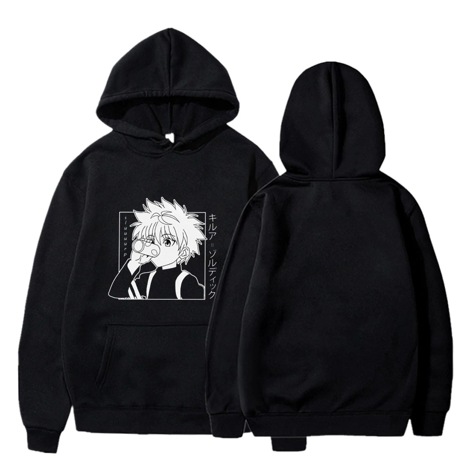 Kawaii Hunter Hunter Hoodies Men Short Sleeve Sweatshirt Killua Zoldyck Anime Manga Black Hoodies Bluzy Tops Clothes