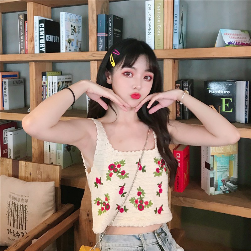 [Hàng Nhập] Croptop đi biển chất len, thêu hoa Quảng Châu # QC103