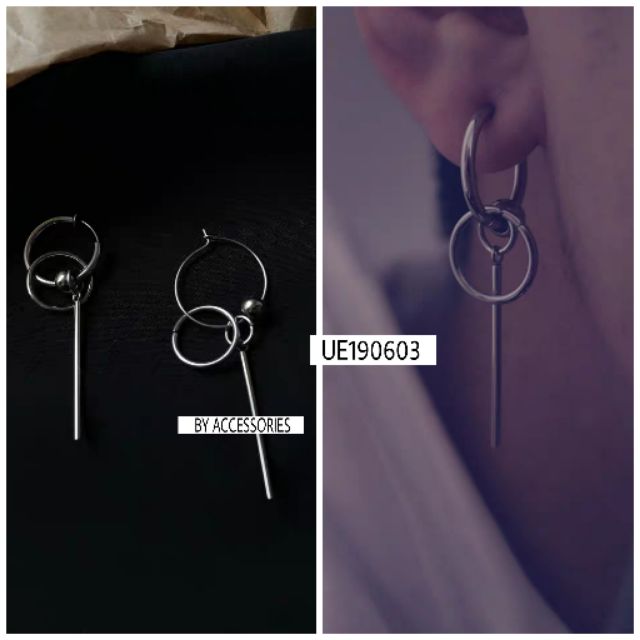 Khuyên tai titan unisex phối vòng tròn và thanh dài không gỉ UE190603