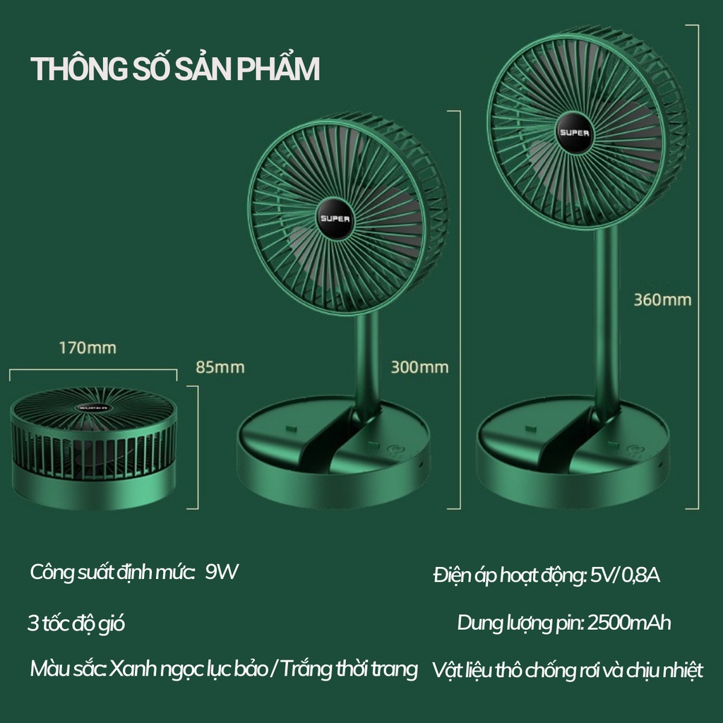 Quạt mini gập gọn 3 tốc độ gió 9W cực mát sạc USB tích điện pin lớn 2500mAh dùng liên tục 4-5h - QMN06