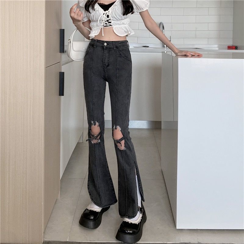 Quần Jean Nữ Lưng Cao Ống Đứng Rách Gối Kiểu Retro Thời Trang Xuân Thu Mới 19