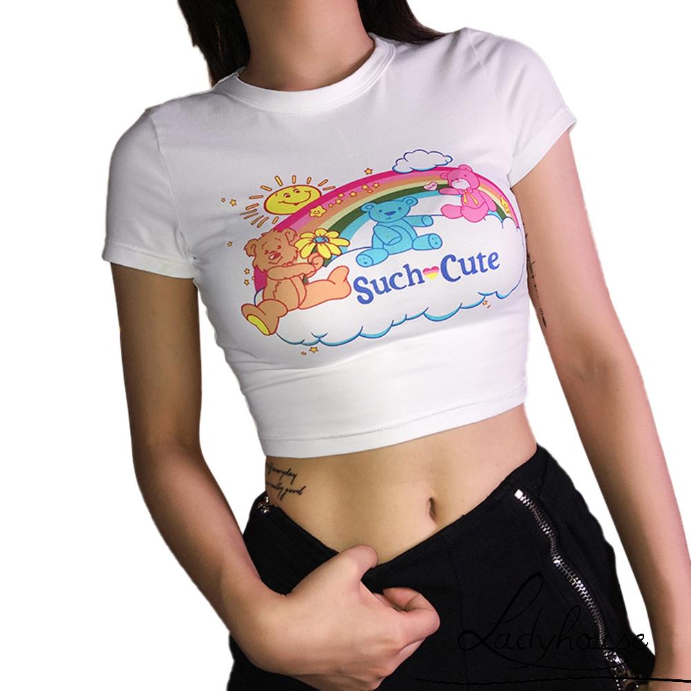 Áo Thun Tay Ngắn Dáng Ôm In Họa Tiết Gấu Màu Cầu Vồng Dễ Thương Thời Trang Mùa Hè Cho Nữ