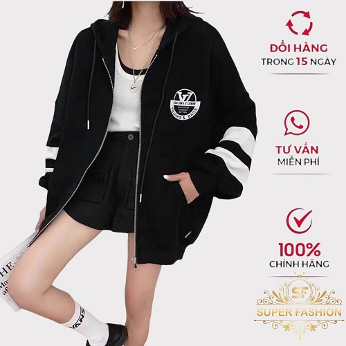 Áo khoác nữ form rộng kiểu hoodie nỉ khóa kéo Super Fashion