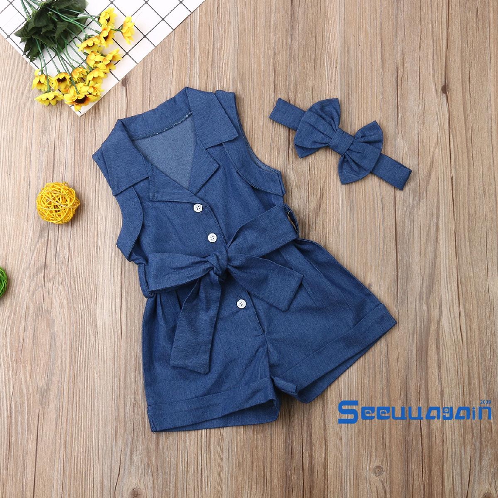 Áo liền quần denim kèm băng đô nơ dễ thương cho bé gái