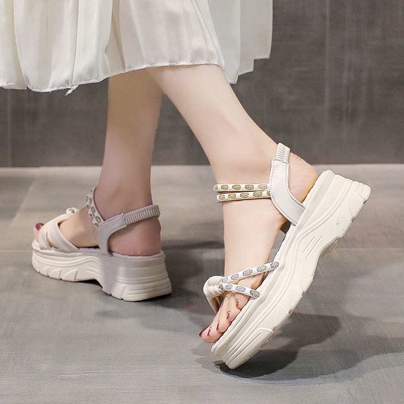 Sandal nữ đế bánh mì 5 phân quai vặn phối dây chun đá