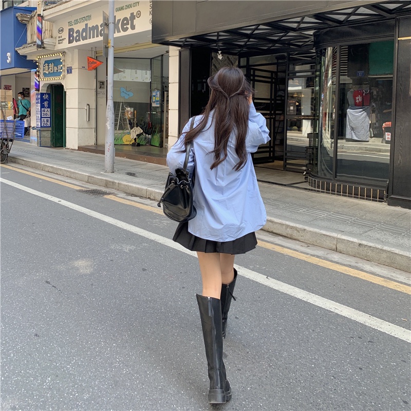 Áo Sơ Mi Tay Dài Màu Trơn Dáng Rộng Phong Cách Hàn Quốc Thời Trang Cho Nữ