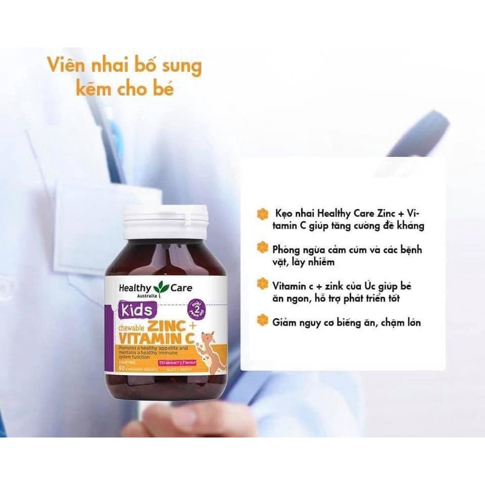 [HÀNG CHUẨN ÚC] Viên nhai bố sung kẽm ZinC vitamin C cho bé Healthy Care Zinc + Vitamin C 60 viên