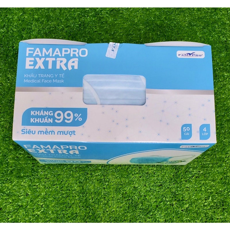 ✅ Hộp 50 cái khẩu trang y tế Famapro Extra 4 lớp giấy kháng khuẩn cao cấp màu Xanh