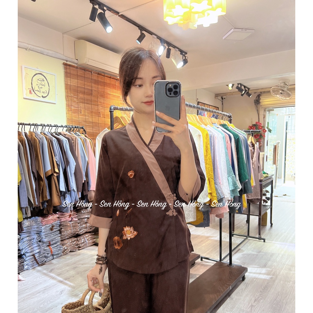 QUẦN ÁO ĐI CHÙA - set Phật tử thêu sen - đồ lam đi lễ nữ vải kate #Sen Hồng mã 030