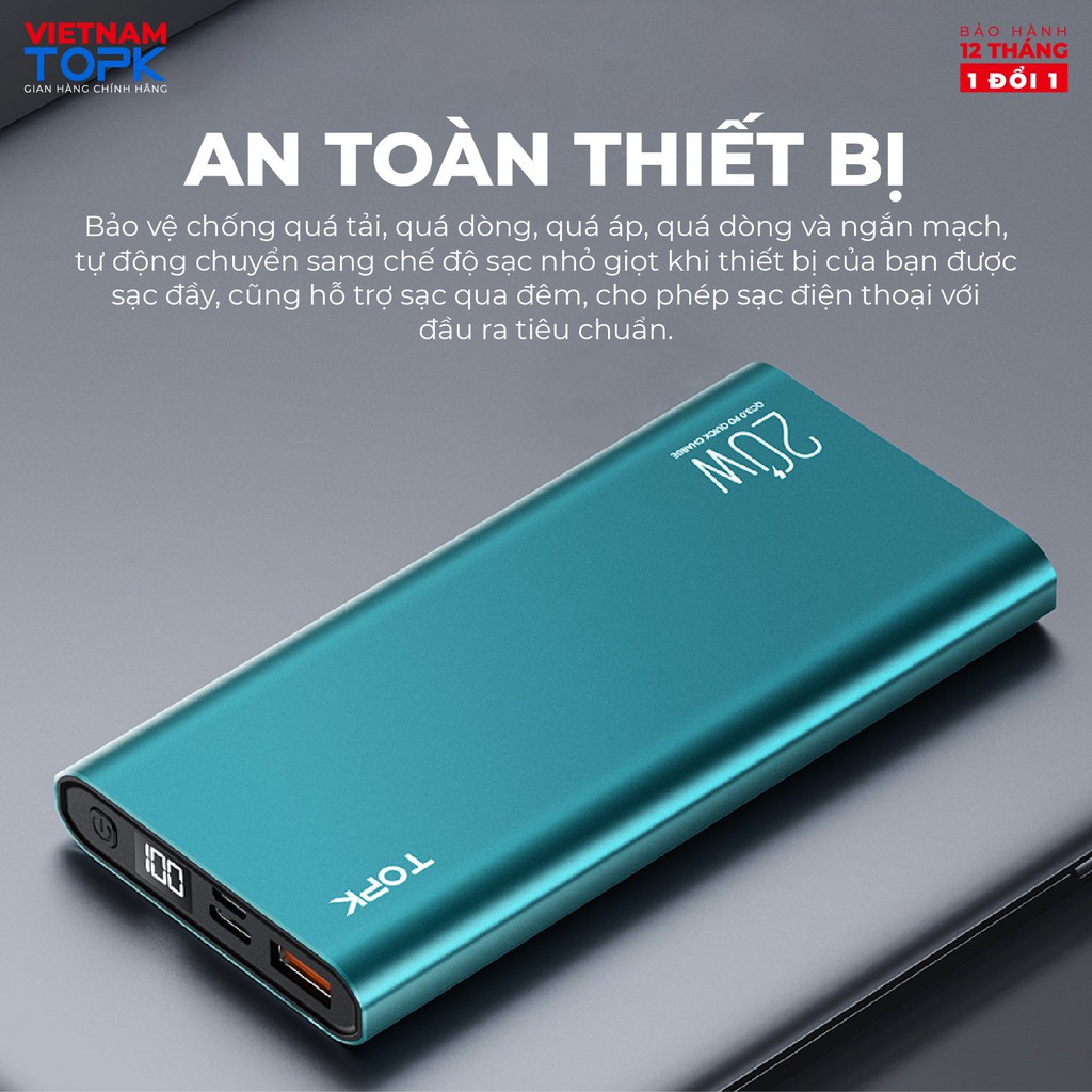 Pin Dự Phòng TOPK I1007P 20W PD QC3.0 10000mAh Sạc Nhanh Hiển Thị Điện Tử