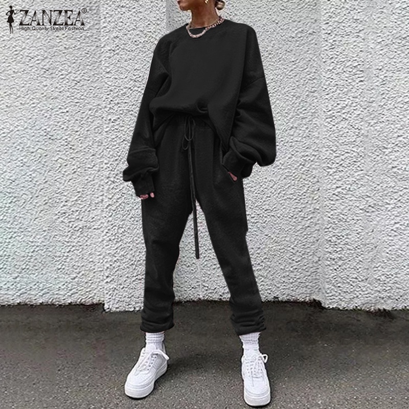 Set đồ nữ Zanzea gồm áo tay dài cổ tròn và quần dài lưng co giãn màu trơn phong cách đường phố thể thao