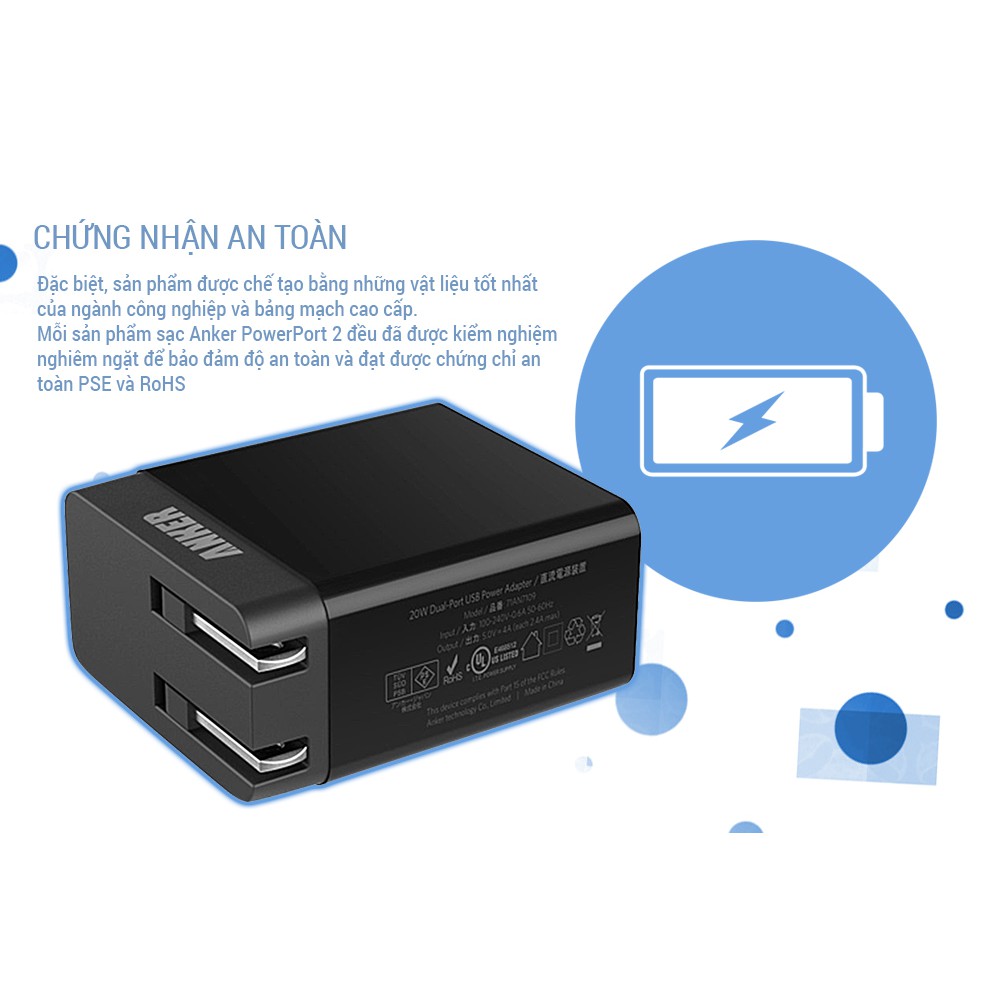 Cục sạc 2 cổng ANKER PowerPort 2 Lite IQ 12W - A2129