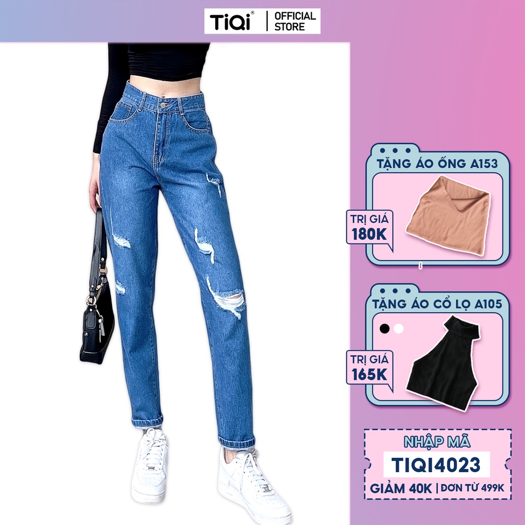 Quần baggy jean nữ rách gối cạp cao phong cách streetstyle Cao Cấp TiQi Jeans B1-221