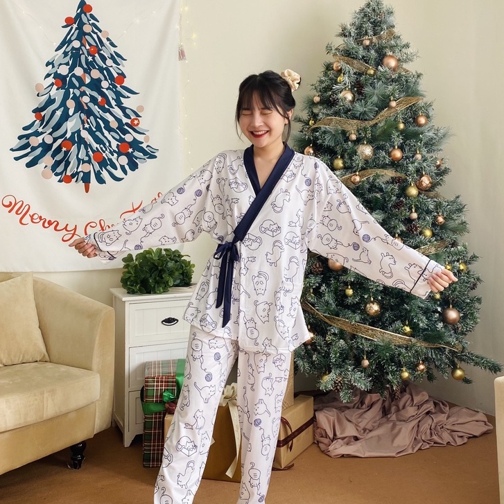 Bộ đồ dài tay mèo lười - Bộ ngủ kimono chất liệu cotton, thiết kế kiểu Nhật bản - Poohouse