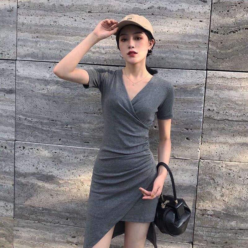 Đầm ôm body cổ tim chéo, vạt chéo xéo tà 1 bên, tay ngắn - 539N
