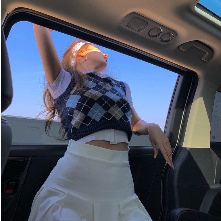 Cocory vn Áo không tay cổ chữ V kẻ sọc caro thời trang vintage cho nữ | BigBuy360 - bigbuy360.vn