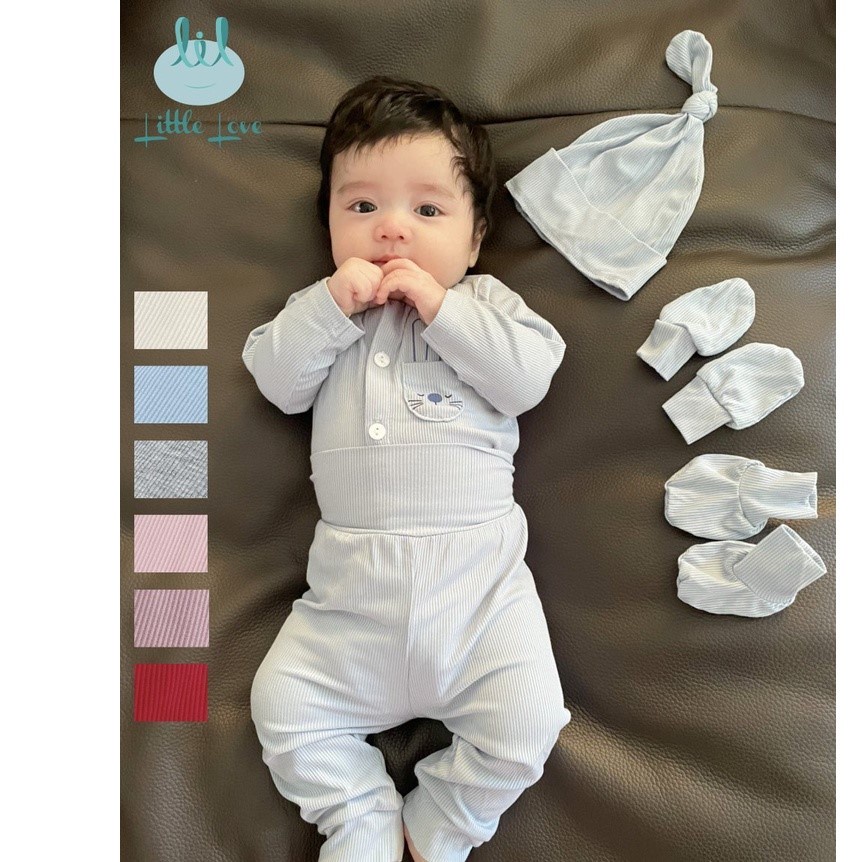 Bộ quần áo dài tay cài thẳng vải tăm túi ngực cho trẻ 0-6m little love