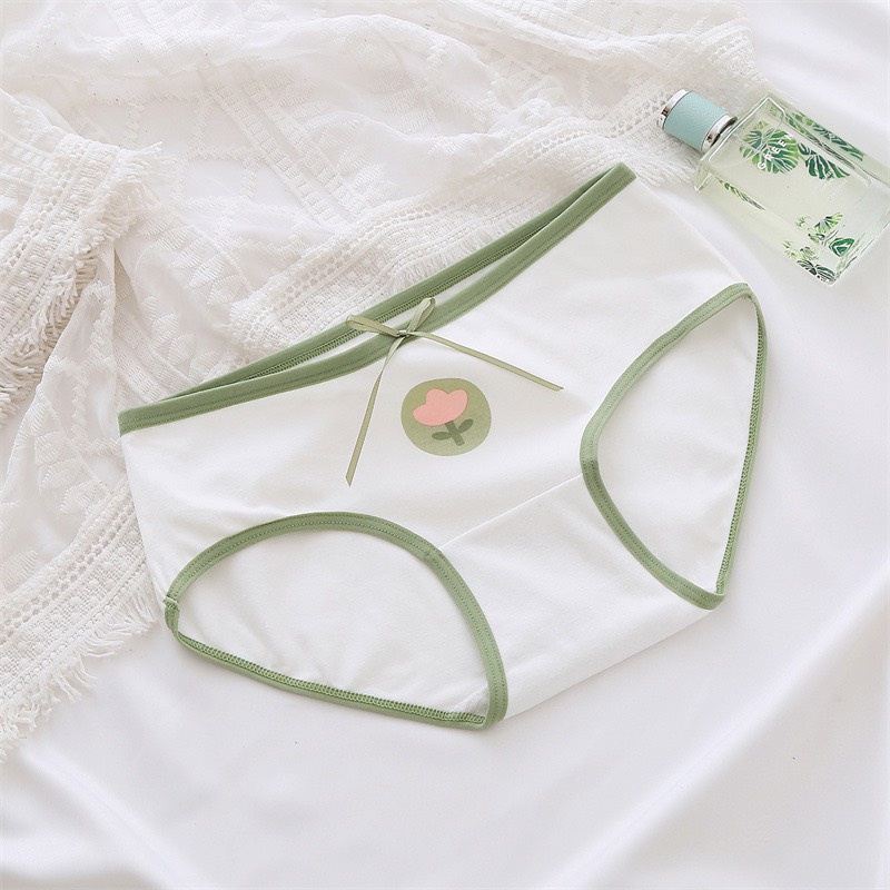 Quần Lót Nữ Cotton Tăm Siêu Đáng Yêu Hàng Đẹp, Co Giãn Cạp Phối Nơ Họa Tiết Hoa Xanh 014