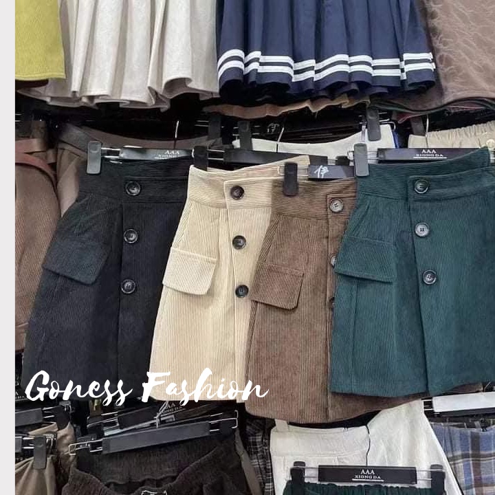 Chân váy ngắn Goness cạp cao vải nhung tăm vạt lệc phối 3 cúc siêu tôn dáng | BigBuy360 - bigbuy360.vn