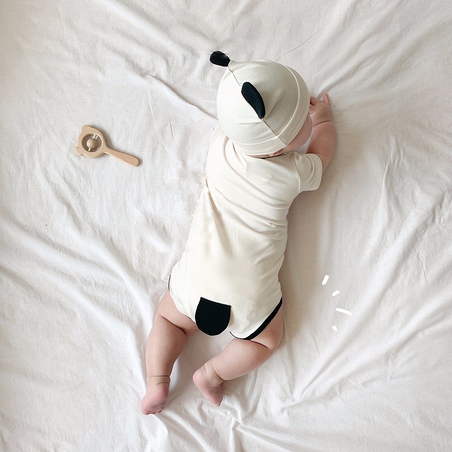 Bộ Áo Liền Quần Tay Ngắn Hoạ Tiết Gấu Trúc Có Mũ Dễ Thương Thời Trang Mùa Hè Cho Trẻ Sơ Sinh