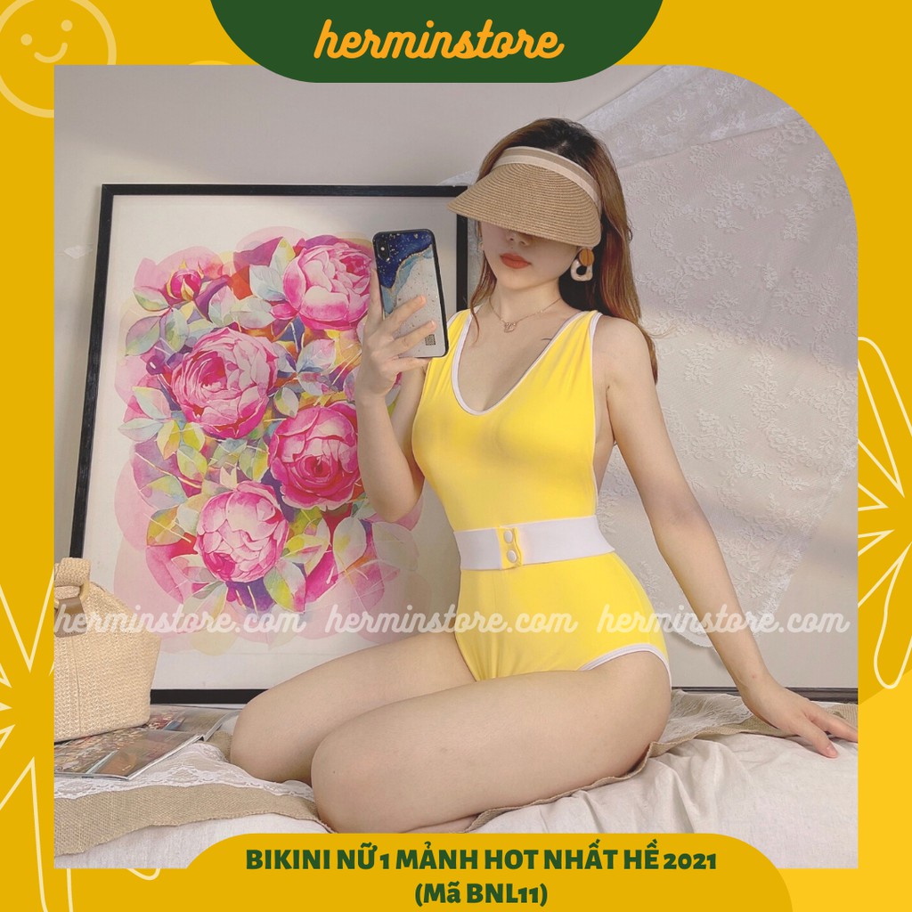 Bikini nữ 1 mảnh - Đồ bơi nữ liền thân màu vàng trơn có đai eo cực tôn dáng cho mùa hè 2021- Mã BNL11