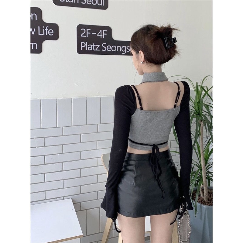 Áo Thun Tay Dài Hở Vai Giả Hai Lớp Màu Sắc Tương Phản Phong Cách Quyến Rũ Dành Cho Nữ