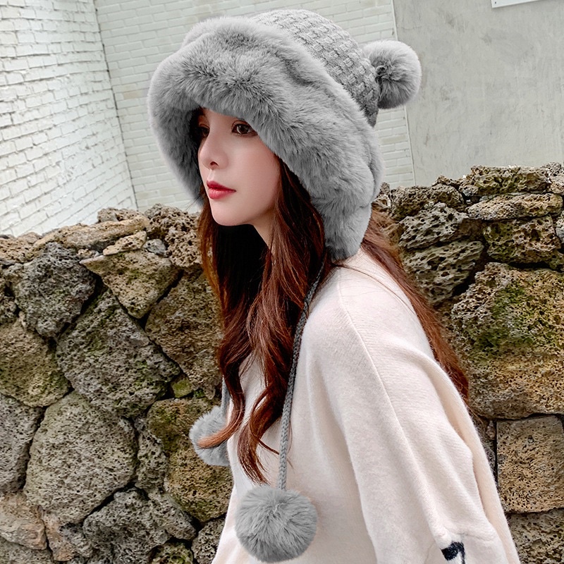 Mũ lông mix Len Dày Dặn Giữ Ấm Tai Đính Quả Bông Mickey Dễ Thương Thời Trang Thu Đông Nhật Bản