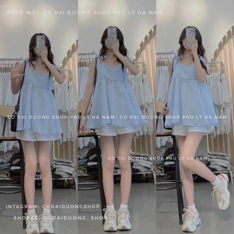 Set Áo Babydoll 2 Dây Kẻ Caro Xanh Xốp Kèm Quần Short Trắng(Hàng Sẵn, Ảnh Thật)