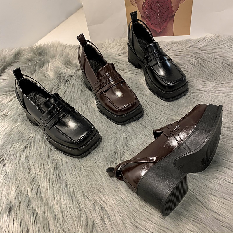Fangtou Thick Bottom Small Leather Shoes Female Britain Wind 2021 Spring New Black High Heel Student Fashion Single Shoe