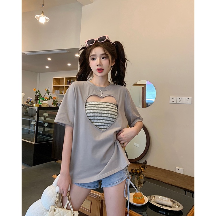 【ZHELIHANGFEI】Áo Thun Ngắn Tay Họa Tiết Kẻ Sọc Thời Trang Quyến Rũ Cho Nữ