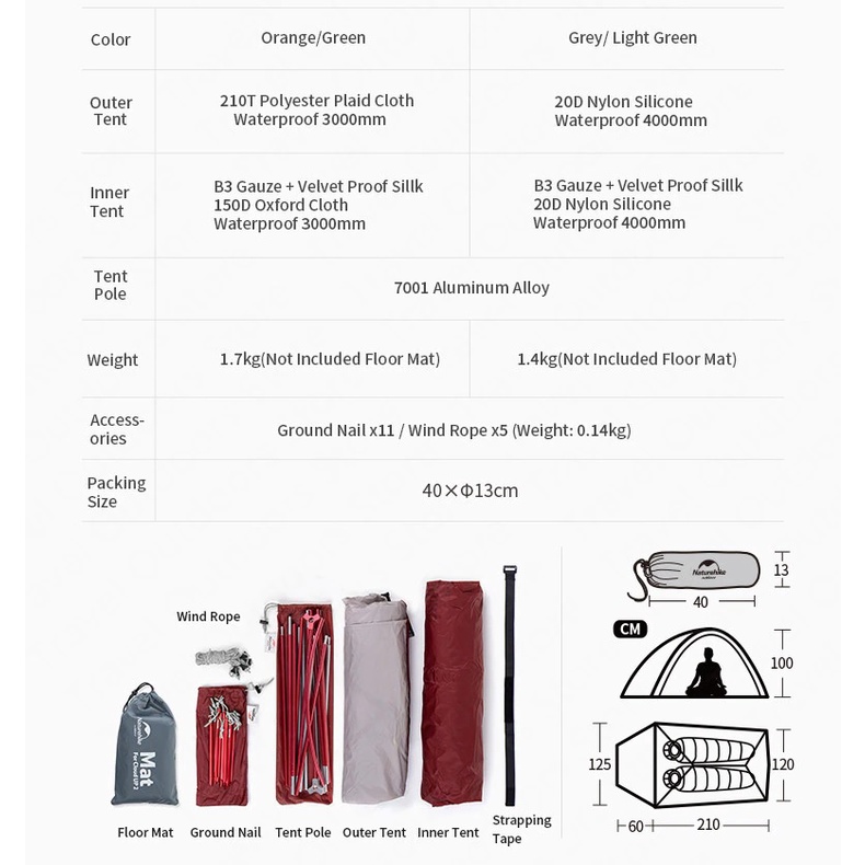 Lều 2 người Cloud Up 2 210T NatureHike NH17T001-T