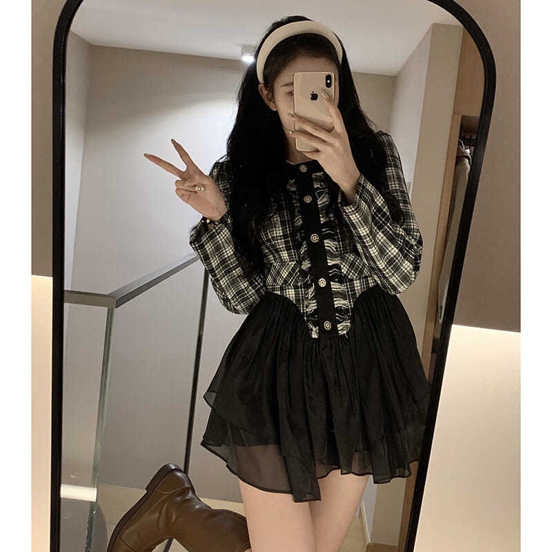 Đầm ngắn màu đen cổ tròn kiểu phương tây thời trang mùa thu 2022 cho nữ