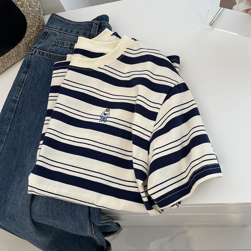 Áo Thun Tay Ngắn Dáng Rộng Thêu Họa Tiết Kẻ Sọc Đơn Giản Thời Trang Mùa Hè Phong Cách Hàn Quốc Mới Cho Nữ