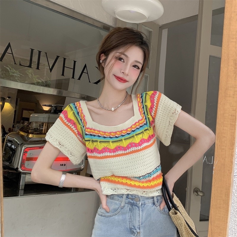 Áo len kiểu ngắn tay hoạ tiết cực xinh, Áo kiểu cổ vuông ngắn tay AL9332 - NhiNhi Shop