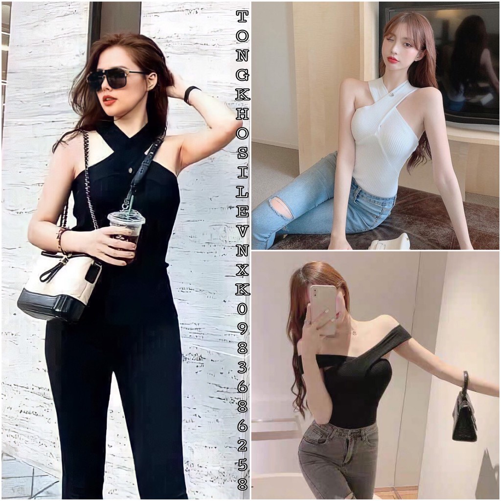 Áo Croptop Chất Liệu Bozip Body Vạt Chéo Vạt Cổ Unisex - Áo Croptop Dáng Ôm Đen Trắng Mặc 2 Kiểu