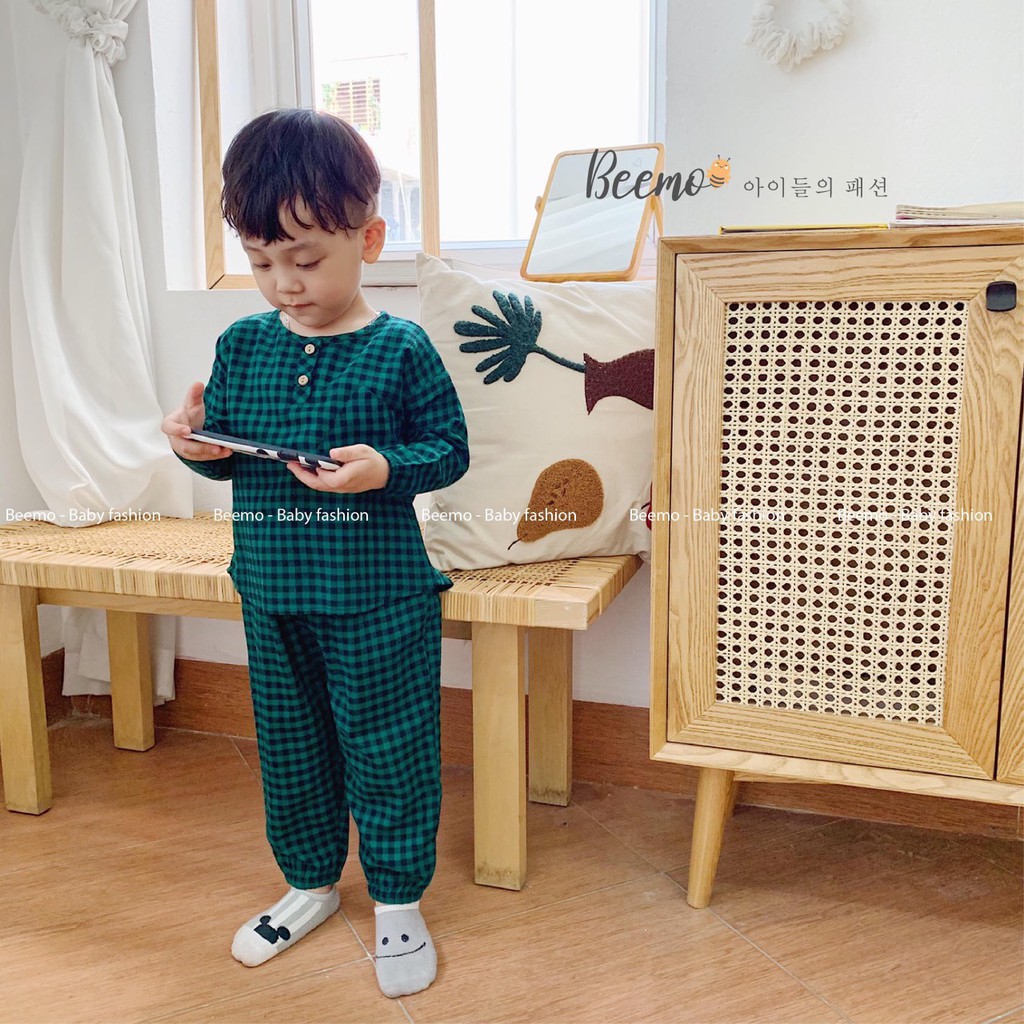 Set trang phục cho bé trai/ bé gái pijama kẻ xanh Beemo 20T6-B022