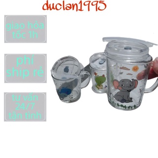 Ly Thủy tinh chia vạch. có nắp và ống hút cực đẹp ly thủy tinh pha sữa cho bé