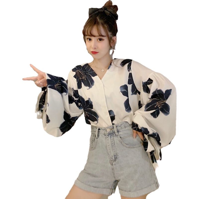 SUXI Áo Kiểu Tay Phồng Dài Cổ Chữ V Form Rộng Phong Cách Vintage