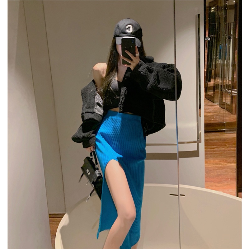 Cocory vn Chân Váy Dệt Kim Chữ A Lưng Cao Dáng Ôm Xẻ Tà Quyến Rũ Thời Trang Cho Nữ